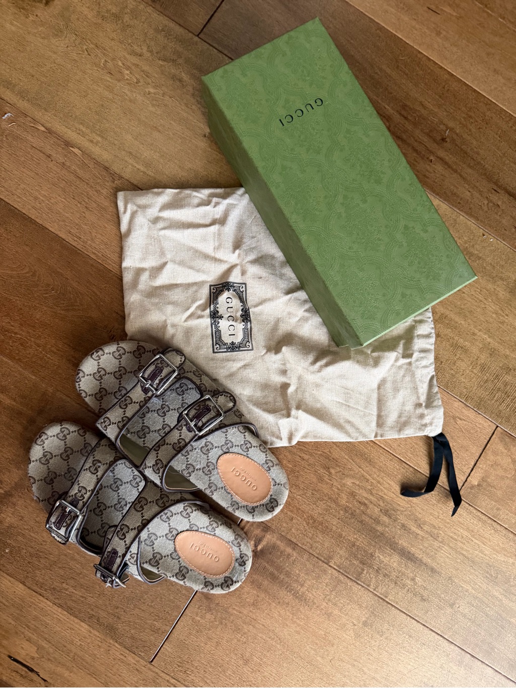 Gucci Beige Gg Canvas Double Buckle Sandals